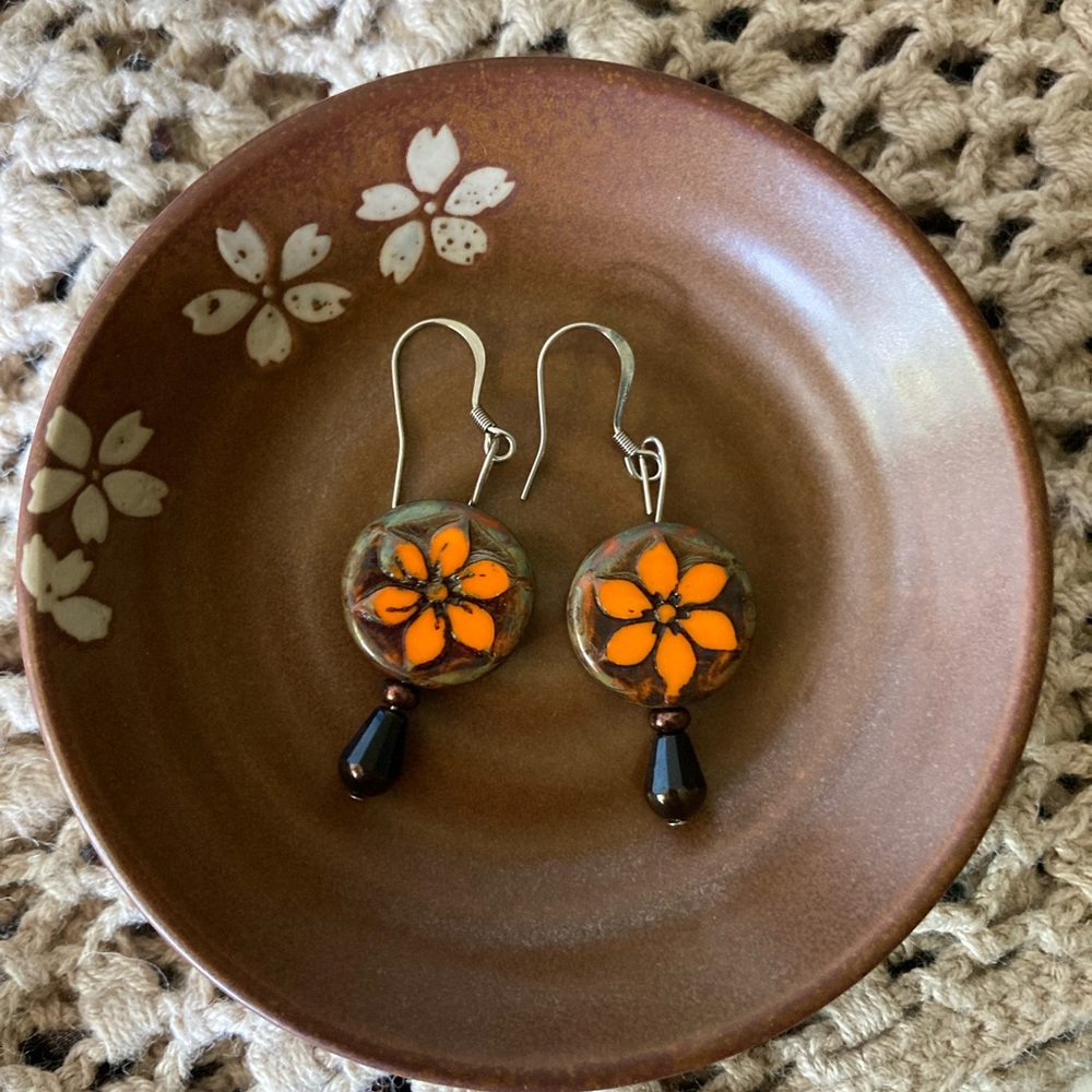 Handmade Czech Orange Flower Glass Drop Earrings - Picture 3 of 5